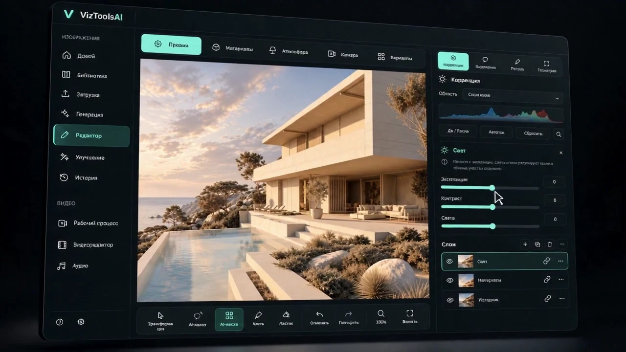 Promotional frame showing the VizToolsAI creative workspace for architectural images