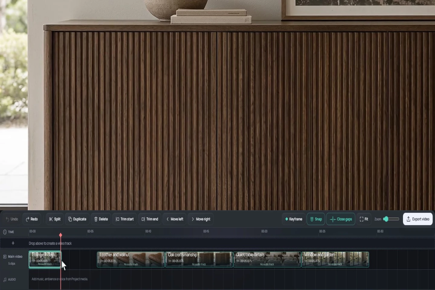 Trim, arrange, add sound and export — in the same workspace.